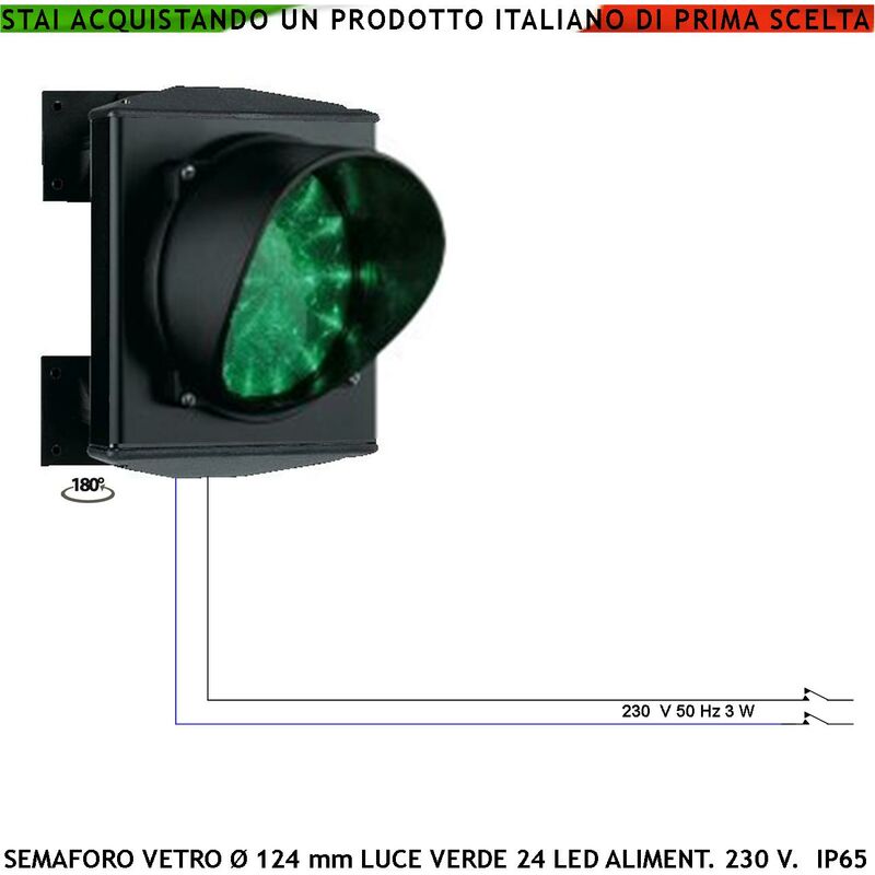 foto del prodotto semaforo luce led scheda 24 led verdi alimentazione 230 v 50 hz 3 w vetro cerchi concentrici effetto lente luce puntiforme 124 mm ip65 orientabile