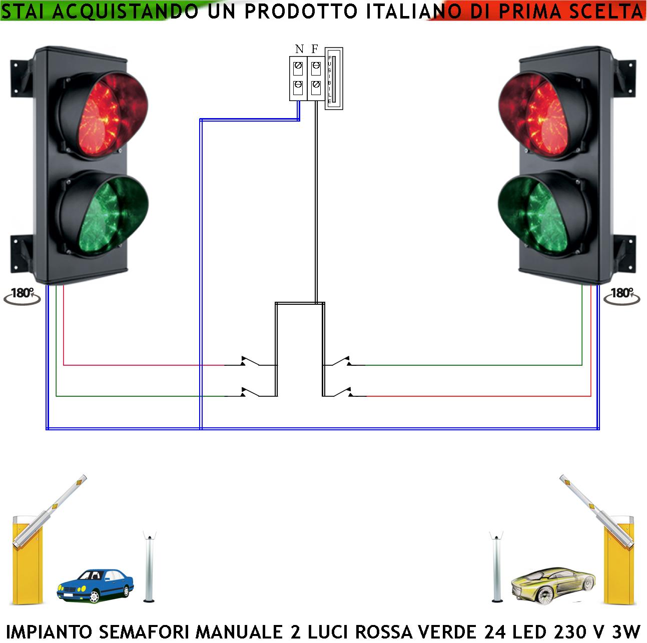 foto del prodotto semaforo luce rossa e verde funzione manuale 2 semafori 24 led rossi 24 led verdi 230 v 50 hz 3 w frontalino vetro luce puntiforme 124 mm ip65 orientabile 180 controllo parcheggio garage condominio