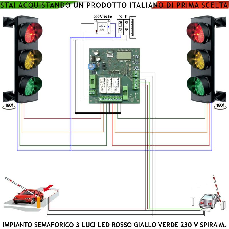 foto del prodotto semaforo orientabile 180 led rossi 24 led gialli 24 led verdi 230 v 50 hz 3 w ce ip65 funzioni controllate da 2 spire interrate 6 mt tempi