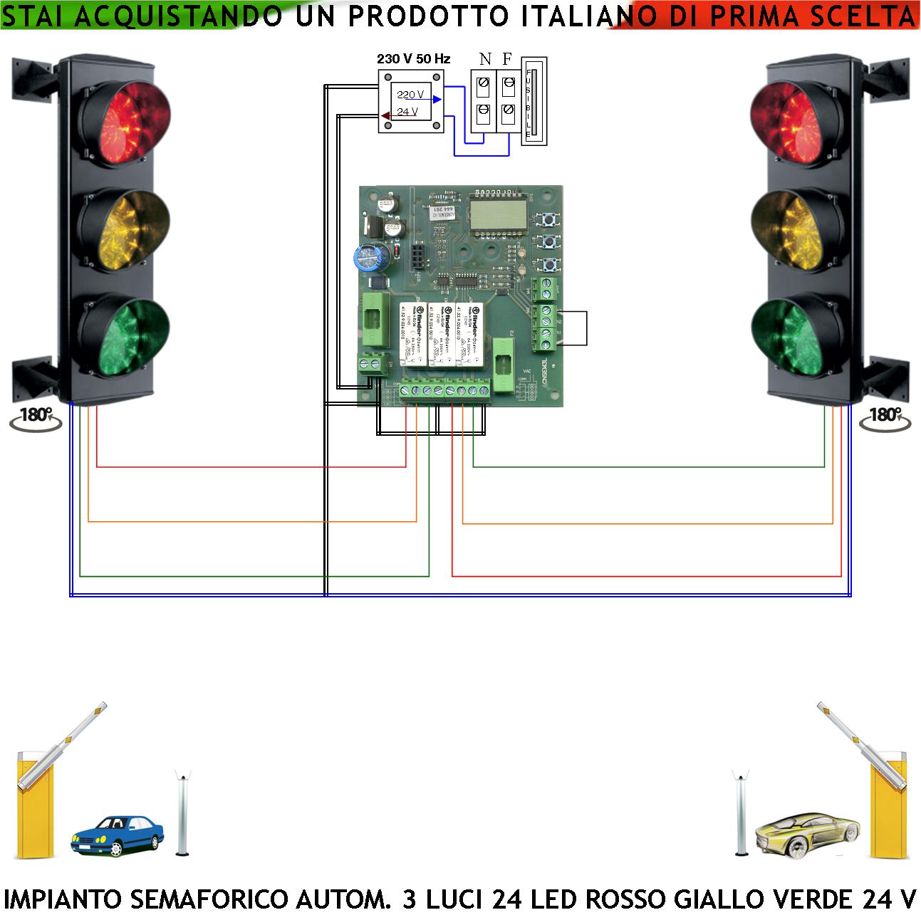 foto del prodotto semaforo orientabile 3 luci 24 led rossi 24 led gialli 24 led verdi aliment. 24 vac ce ip65 semafori 24 v funzione automatica tempi regolabili da 3 a 240. ingresso uscita veicoli garage condominiale