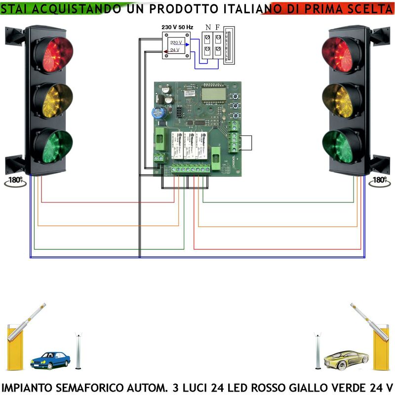 foto del prodotto semaforo orientabile 3 luci 24 led rossi 24 led gialli 24 led verdi aliment. 24 vac ce ip65 semafori 24 v funzione automatica tempi regolabili da 3 a