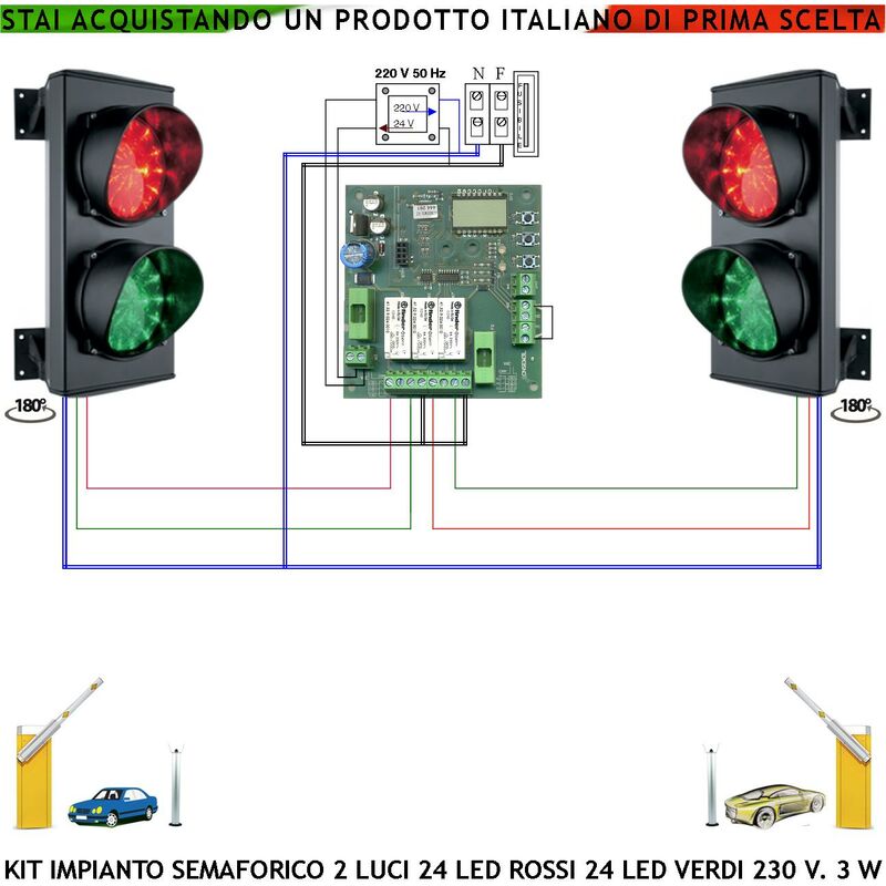 foto del prodotto semaforo parcheggio kit semafori orientabili ip65 due luci con 24 led rossi e 24 led verdi ce centrale funzioni automatiche a tempo regolabile da 8 a