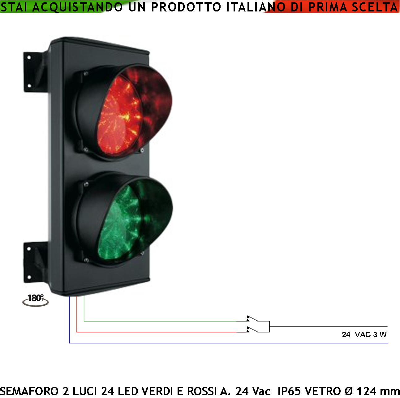 foto del prodotto semaforo rampa garage 2 luci led schede 24 led rossi e 24 led verdi alimentazione 24 vac 3 w vetri effetto lente 124 mm ip65 luce puntiforme orientabile orizzontale 180 ripetitore segnale remoto