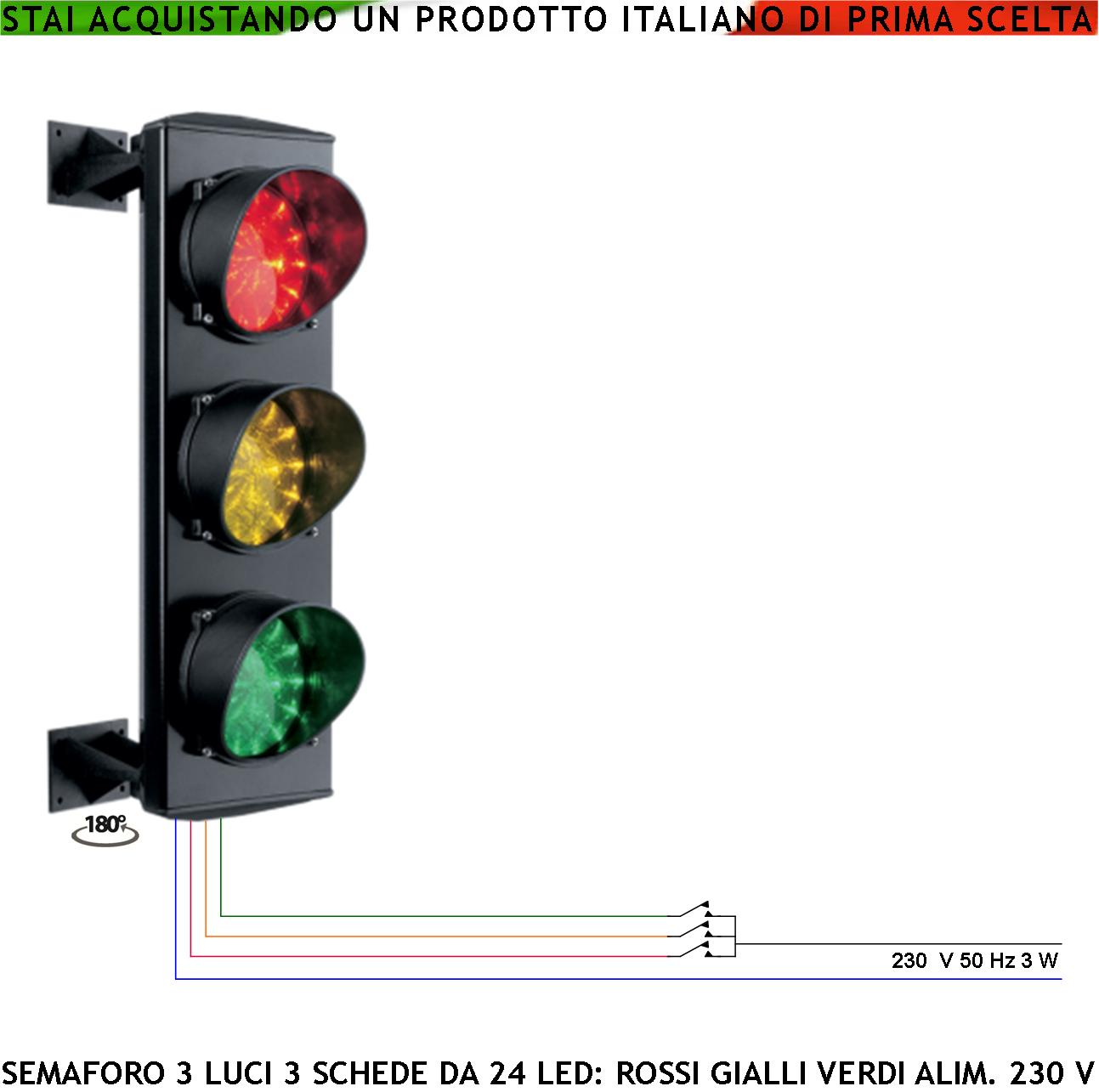 foto del prodotto semaforo ripetitore impianto semaforico 3 luci 24 led rossi 24 led gialli 24 led verdi 230 v 50 hz 3 w vetro 124 mm effetto lente luce puntiforme corpo alluminio ip65 orientabile 180 anche ricambio