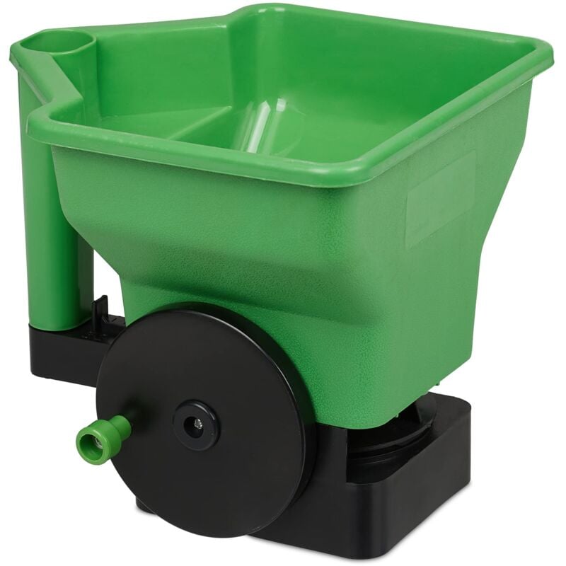 foto del prodotto seminatrice manuale, spargitore da 3 l, manovella e flusso regolabile, spandi concime, spargisemi, nero verde relaxdays