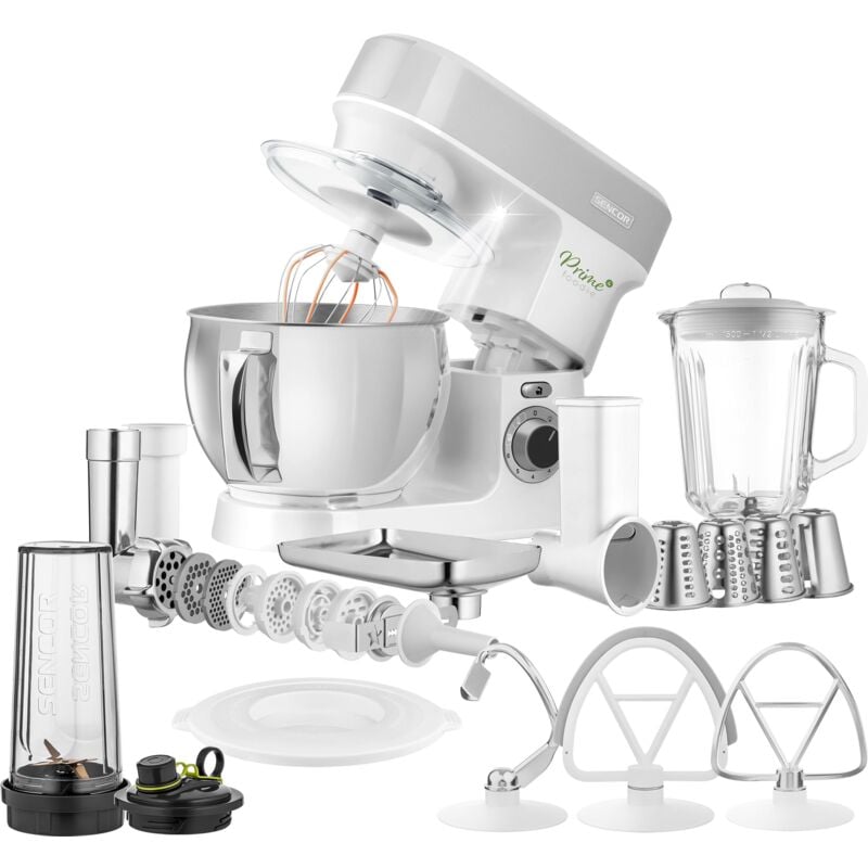 foto del prodotto sencor robot da cucina multifunzione, planetaria potente 1200w, accessori completi, ciotola acciaio 5l, illuminazione led, frullatore, tritacarne,