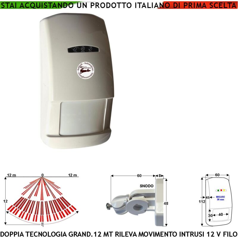 foto del prodotto sensore a doppia tecnologia grandangolo rileva movimento intrusi per antifurto portata 12 mt da interno aliment. 12 v assorb. 40 ma infrarosso lente