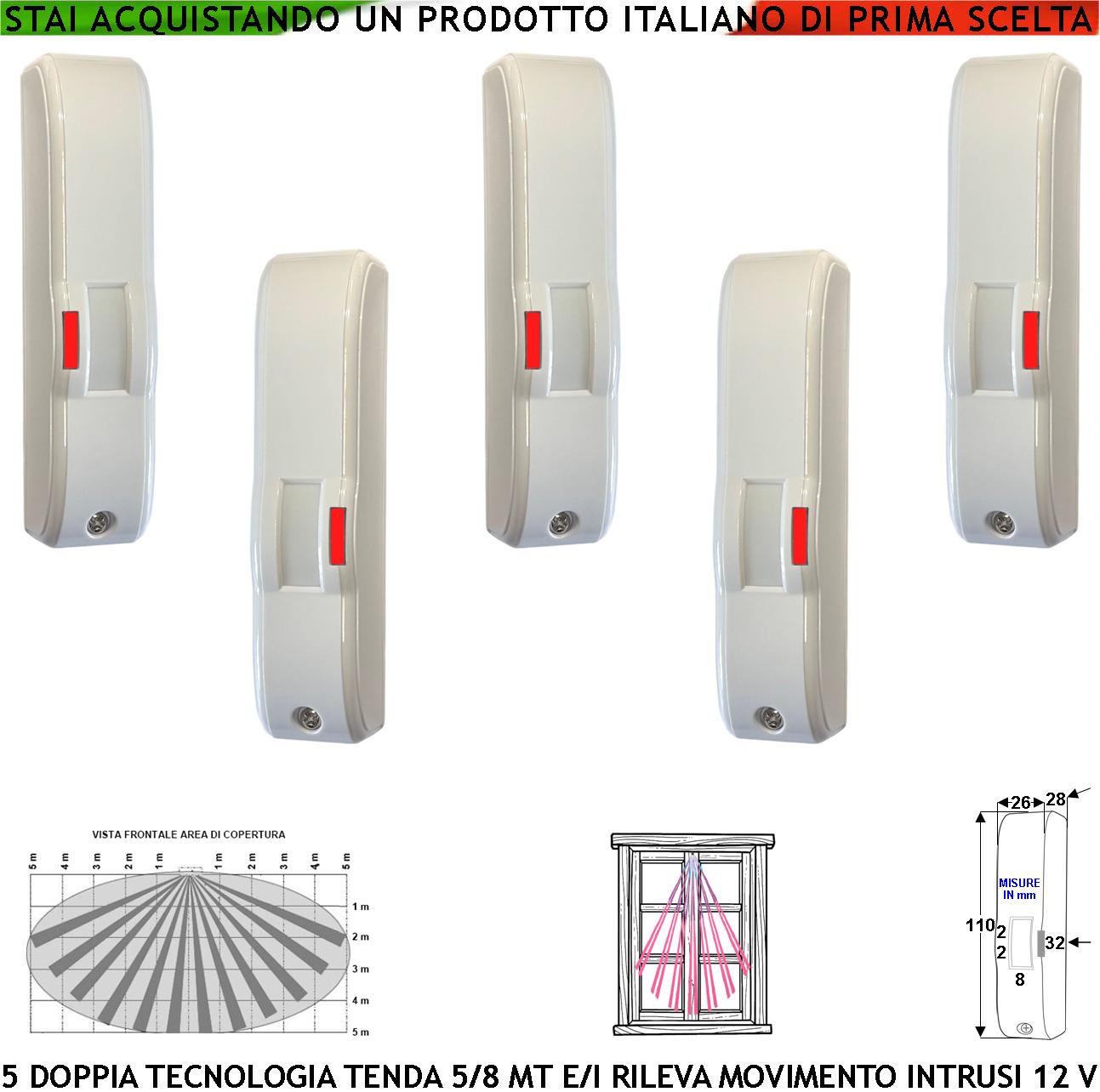 foto del prodotto sensore di movimento 5 doppia tecnologia tenda infrarosso e microonda portata 5 mt antifurto ballatoio porticato interno rileva intrusi invia allarme aliment. 12 v assorb. 10 ma cover bianca abs ip44