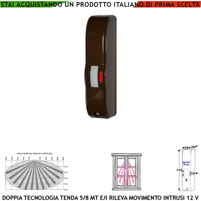 foto del prodotto sensore di movimento doppia tecnologia tenda marrone portata 5 mt rileva intrusi interno esterno protetto nel ballatoio porticato scala invia allarme