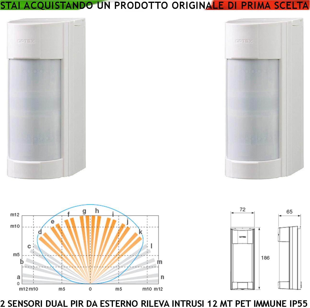 foto del prodotto sensore di movimento grandangolo 2 infrarossi dual pir vxi esterno con filtri a tenda portata 12 mt regolabile via filo relè allarme protezione contro intrusi alimen. 12 v assorb. 20 ma cover abs ip55