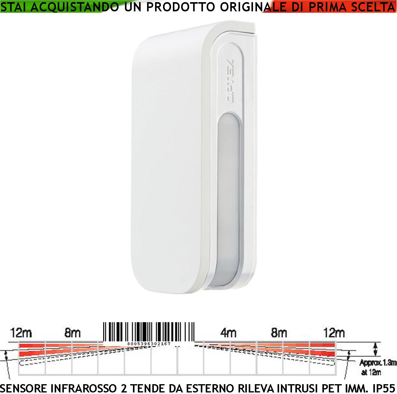 foto del prodotto sensore di movimento infrarosso 4 pir bxs 2 tende da esterno portata 12 12 metri lineari regolabile via filo relè allarme protezione in linea finestre porticati alimentazione 12 v assorbimento 34 ma