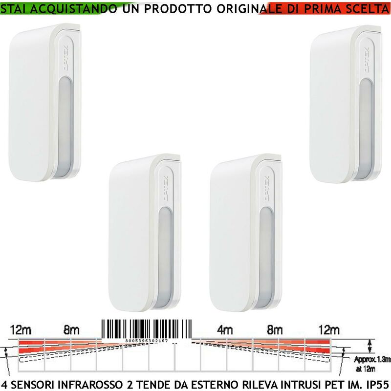 foto del prodotto sensore di movimento infrarosso 4 pir bxs quattro rilevatori doppia tenda esterno portata 12 12 metri lineari regolabile via filo rel allarme