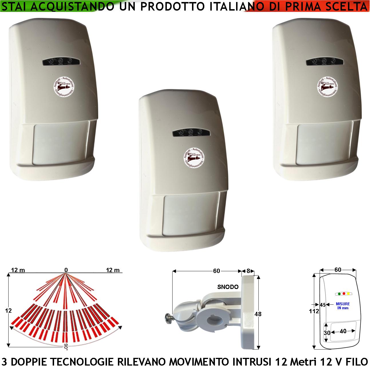 foto del prodotto sensore di movimento per antifurto 3 doppia tecnologia grandangolo portata 12 mt da interno rilevano intrusi alim. 12 v assorb. 40 ma infrarosso lente 25 fasci su 4 piani contenitore bianco snodo abs