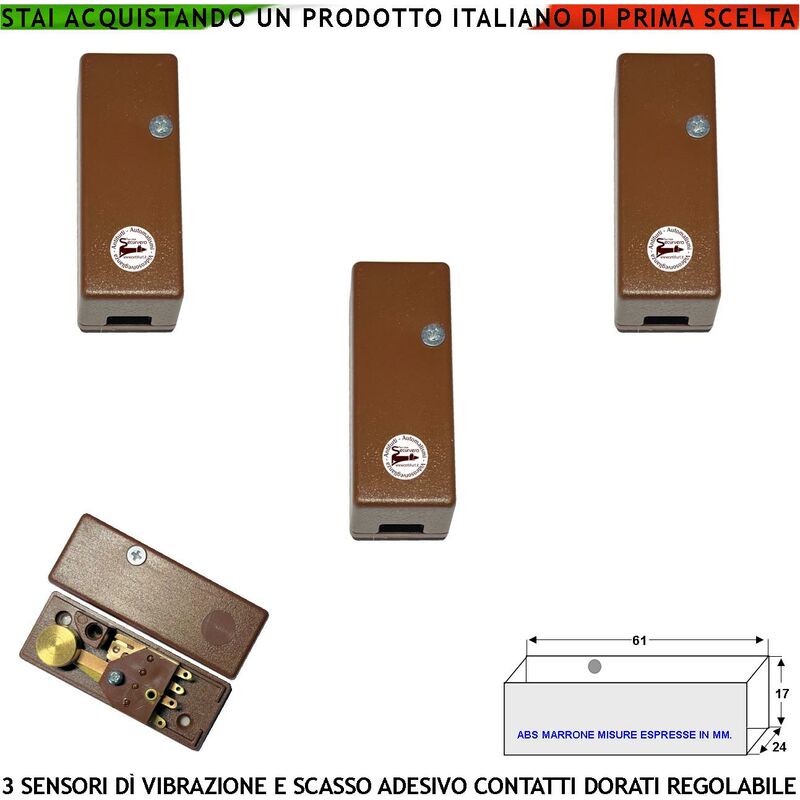 foto del prodotto sensore di scasso rileva le vibrazioni continue 3 pezzi via filo per antifurto di inferriate porte infissi vetrate martelletto regolabile segnale