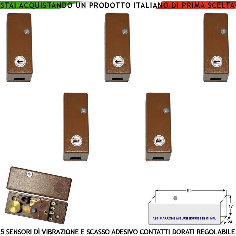 foto del prodotto sensore di vibrazioni continue 5 pezzi rileva lo scasso per furto sistema via filo su inferriate porte vetrate con martelletto regolabile segnale