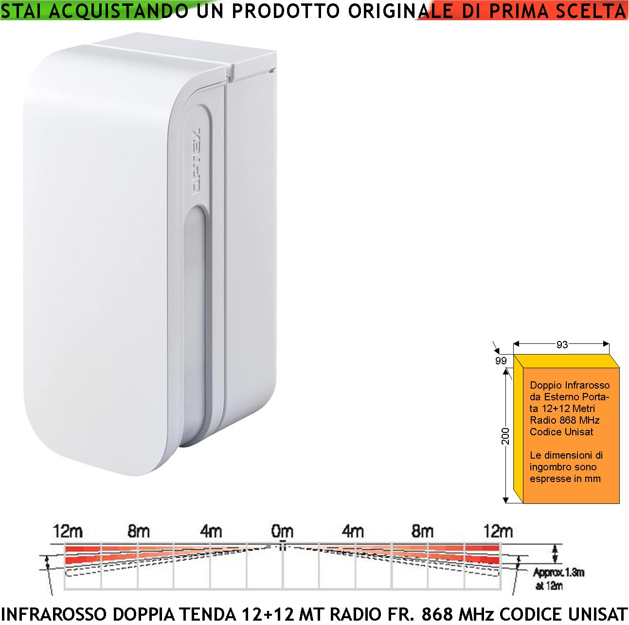 foto del prodotto sensore infrarosso doppia tenda da esterno rileva movimento copertura 12+12 metri lineari ip55 ricetrasmissione frequenza 868 mhz bidirezionale unisat protezione ponteggi impalcature pareti porticati