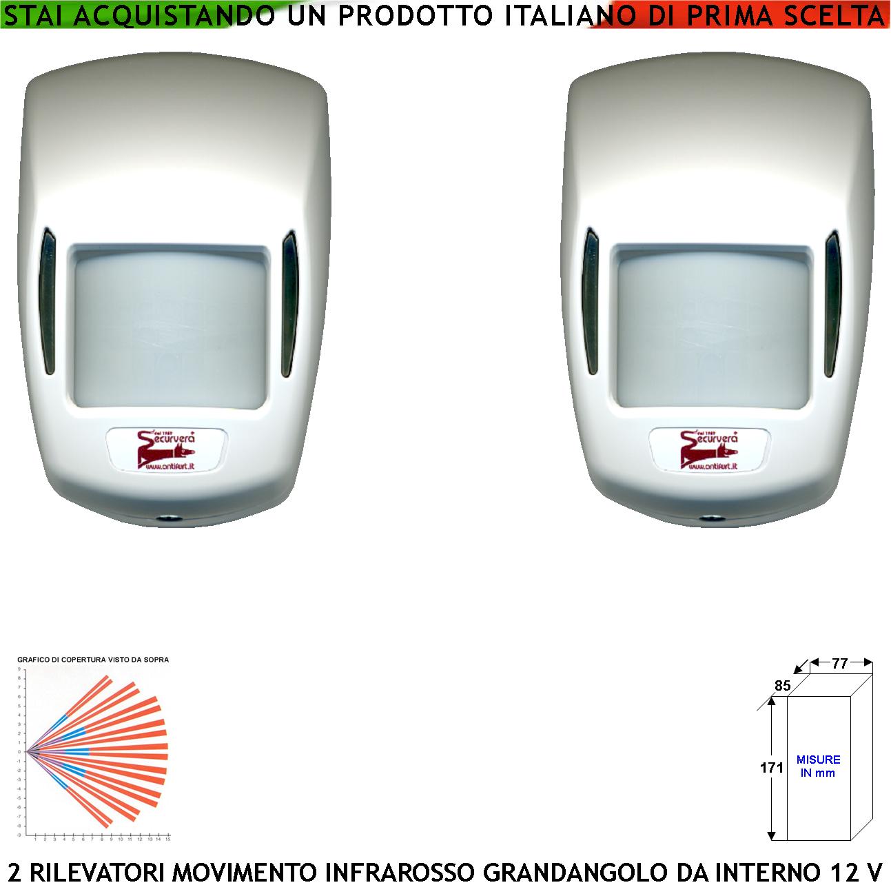 foto del prodotto sensore infrarosso grandangolo rileva il movimento di intrusi 2 pezzi per allarme portata 15 mt a 90 gradi da interno alimentazione 12 v assorb. 10 ma lente 18 fasci infrarossi abs bianco con snodo