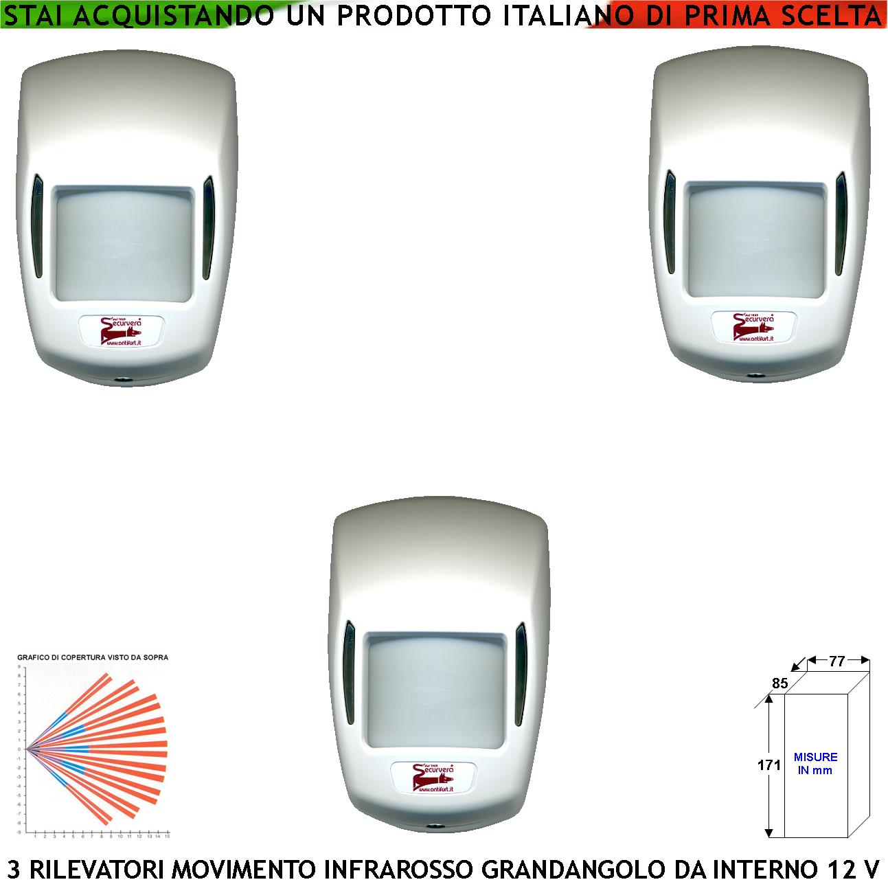 foto del prodotto sensore infrarosso grandangolo rileva il movimento di intrusi tre pezzi per allarme portata 15 mt a 90 gradi da interno alimentazione 12 v assorb. 10 ma lente 18 fasci infrarossi abs bianco con snodo