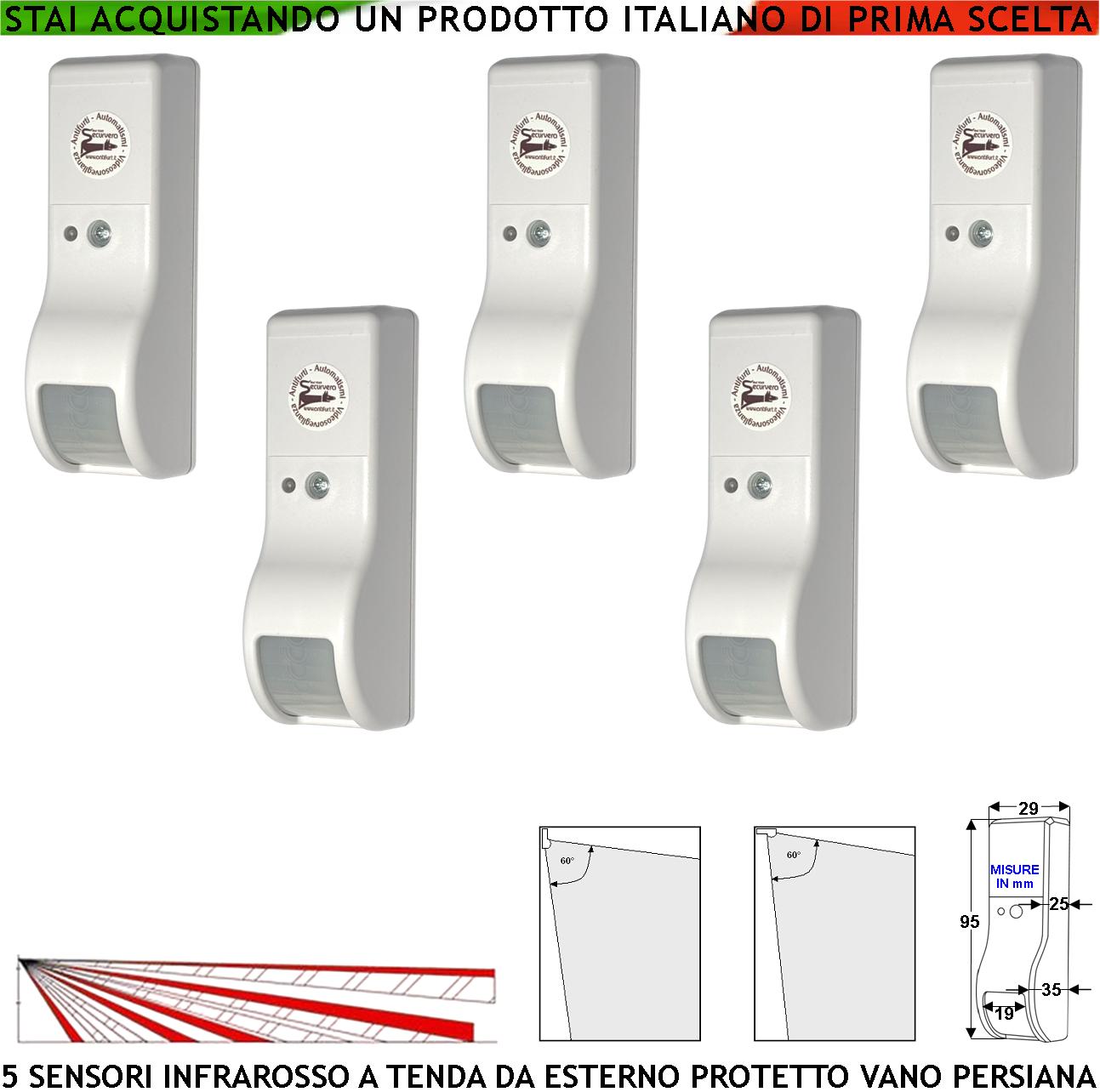 foto del prodotto sensore intruso rileva movimento dual pir 5 infrarossi a tenda da esterno per porticato vano persiana invia allarme portata 8 mt 60 vertic. 7 oriz. alimen. 12 v assorbim. 10 ma cover bianco abs ip31
