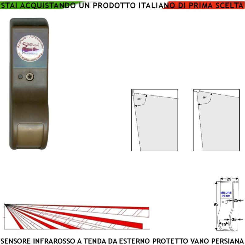 foto del prodotto sensore intruso rileva movimento dual pir infrarosso a tenda da esterno marrone per porticato persiana invia allarme portata 8 mt 60 vertic. 7 