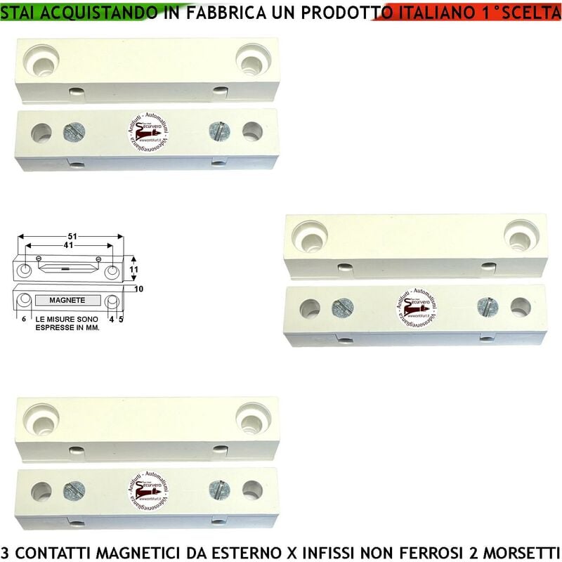 foto del prodotto sensore magnetico da esterno 3 pezzi antifurto contatto reed sottovuoto uscita nc sensibilit magnetica 13 mm tensione transito max 30 v 0,5 ah