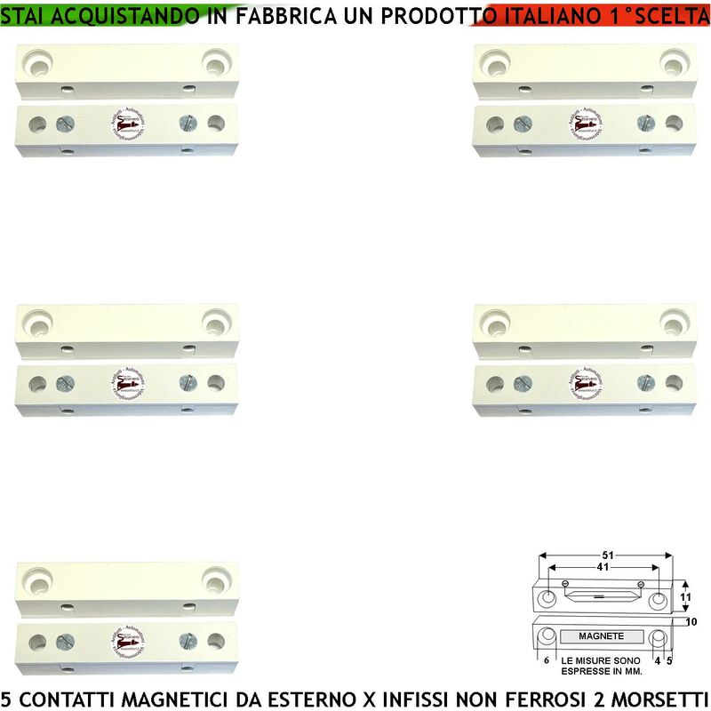 foto del prodotto sensore magnetico da esterno 5 pezzi antifurto contatto reed sottovuoto uscita nc sensibilit magnetica 13 mm tensione transito max 30 v 0,5 a carico