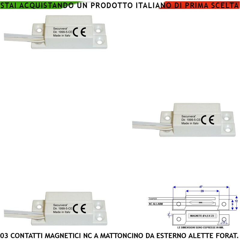 foto del prodotto sensore magnetico da esterno tre pezzi alette di fissaggio contatto reed nc sottovuoto sensibilit magnetica 13 mm tensione max 30 v 0,5 a carico