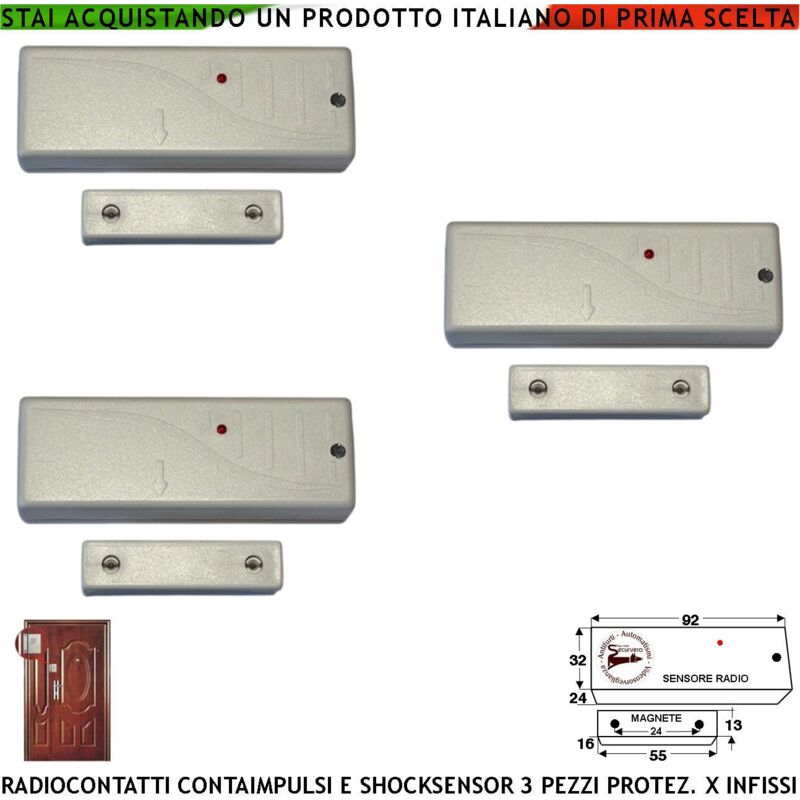 foto del prodotto sensore magnetico radio fr. 433,92 mhz rilevatore sismico regolabile tre pezzi bianchi per antifurto ingresso nc e contaimpulsi per sintap cm20vr