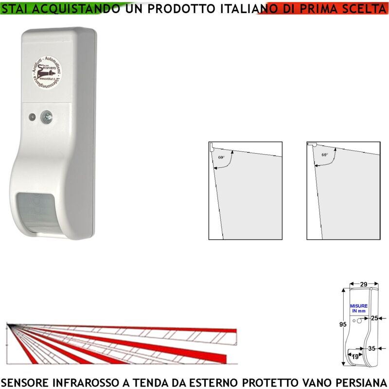 foto del prodotto sensore movimento infrarosso tenda esterno protetto dual pir rileva intruso invia allarme portata 8 mt 60 vert. 7 oriz. aliment. 12 v assorb. 10 ma