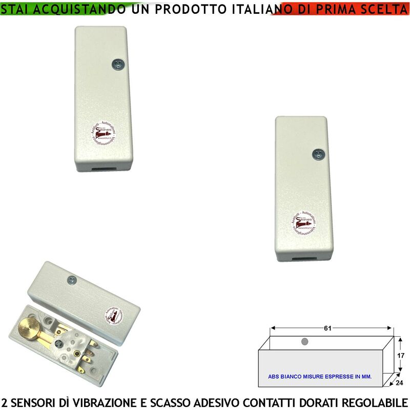 foto del prodotto sensore scasso rileva le vibrazioni continue 2 pezzi via filo antifurto x inferriate porte vetrate regolazione meccanica del martelletto contatto