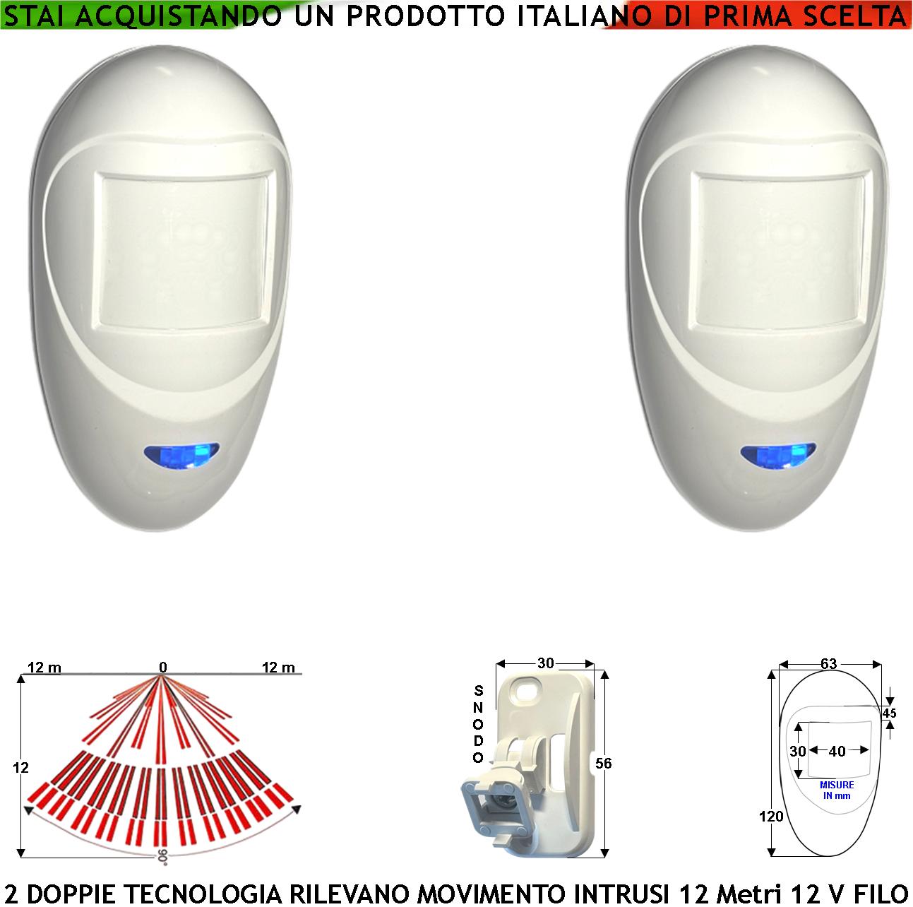 foto del prodotto sensori di movimento intrusi 2 doppie tecnologia grandangolo per antifurto portata 12 mt da interno alimen. 12 v assorb. 40 ma infrarosso lente 18 fasci su 4 piani ers contenitore bianco snodo abs