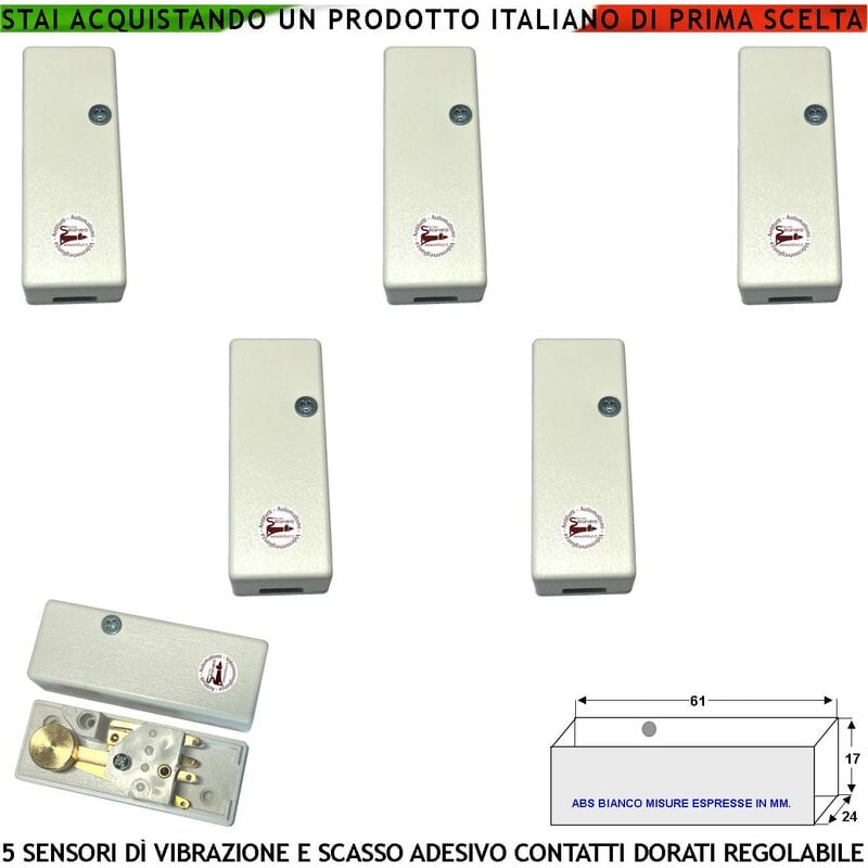 foto del prodotto sensori di vibrazioni continue 5 pezzi rilevano scasso per furto via filo su inferriate porte vetrate regolazione martelletto oscillante contatto