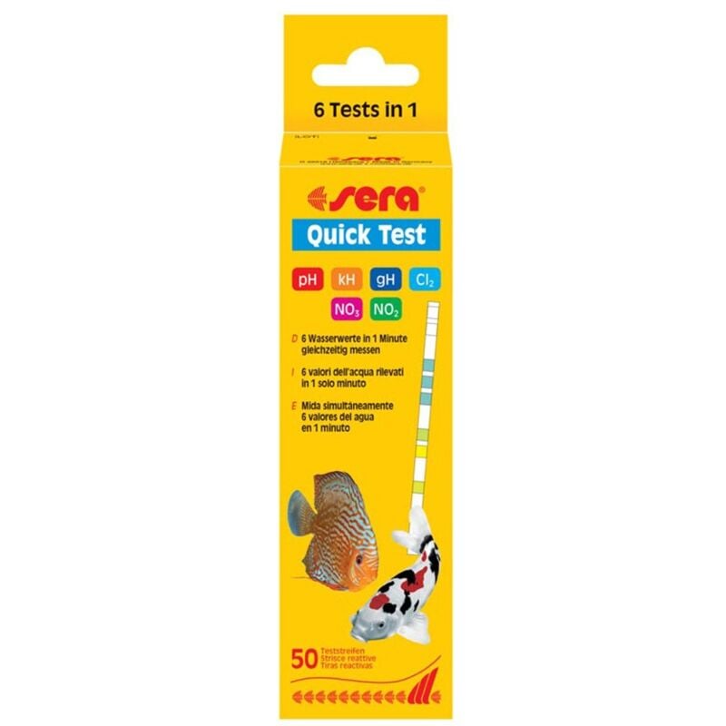 foto del prodotto sera quick test 6 in 1 50 strisce per testare ph,kh,gh,no2,no3,cl