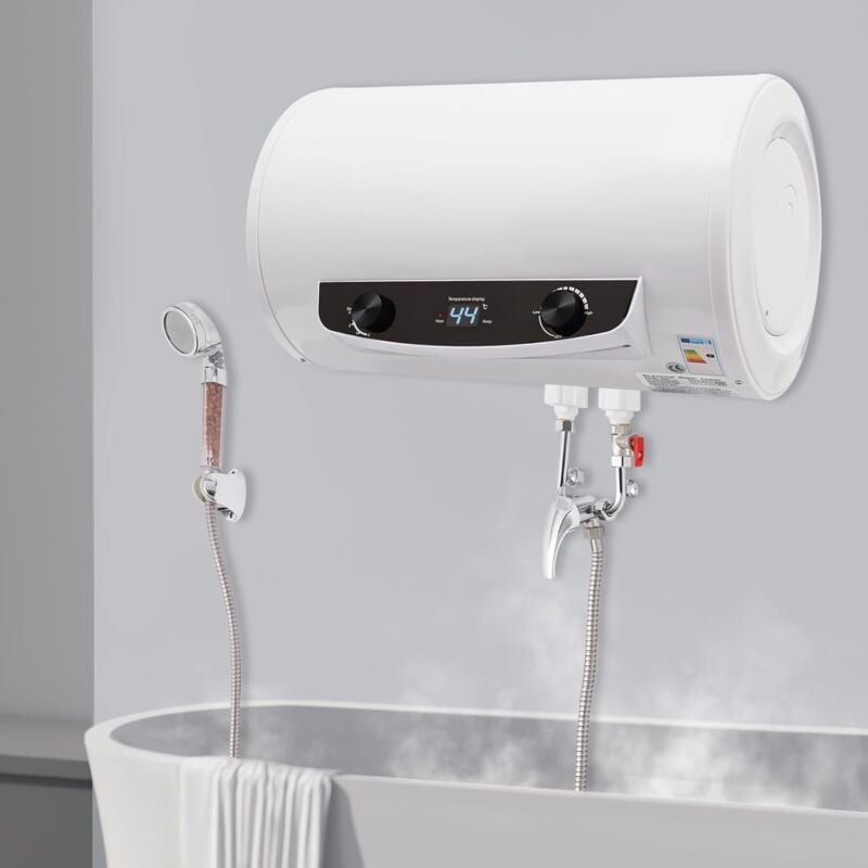foto del prodotto serbatoio acqua calda da 50 litri, scaldabagno elettrico, a risparmio energetico, valvola di sicurezza, caldaia orizzontale, pronta da spina, 2 kw