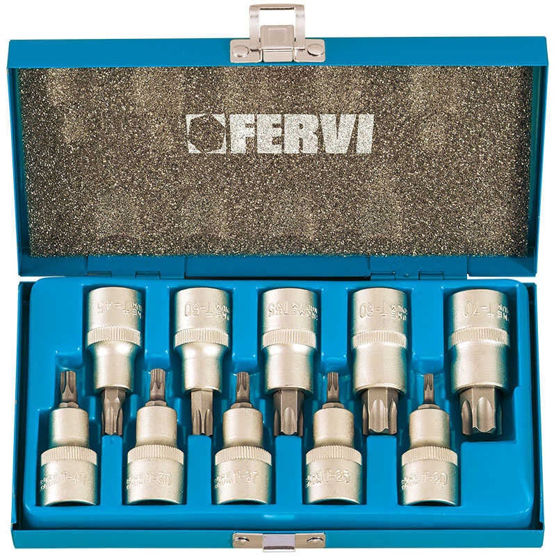 foto del prodotto serie 10 chiavi bussole 1 2 con inserti torx t20 t70 fervi 0622