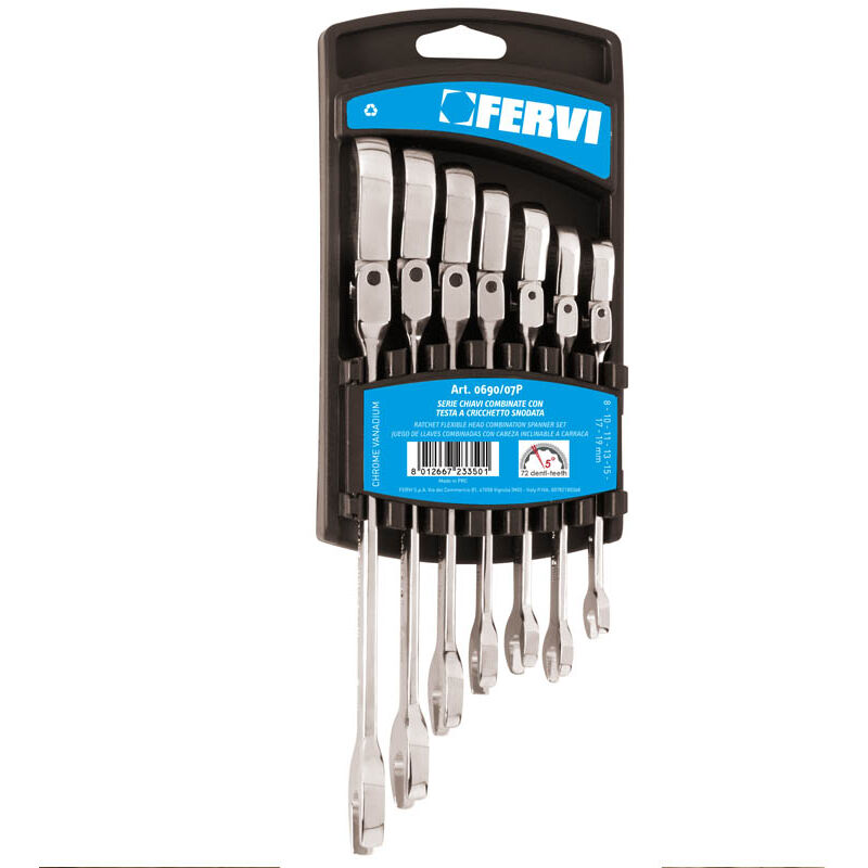 foto del prodotto serie 7 pz chiavi combinate con testa a cricchetto 8 19 mm fervi 0690 07p