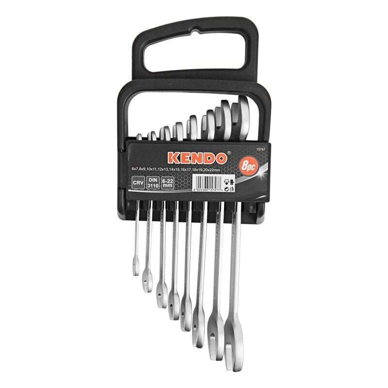 foto del prodotto serie chiavi a forchetta con supporto kendo 8 pezzi contenuto 6 7 20 22 mm