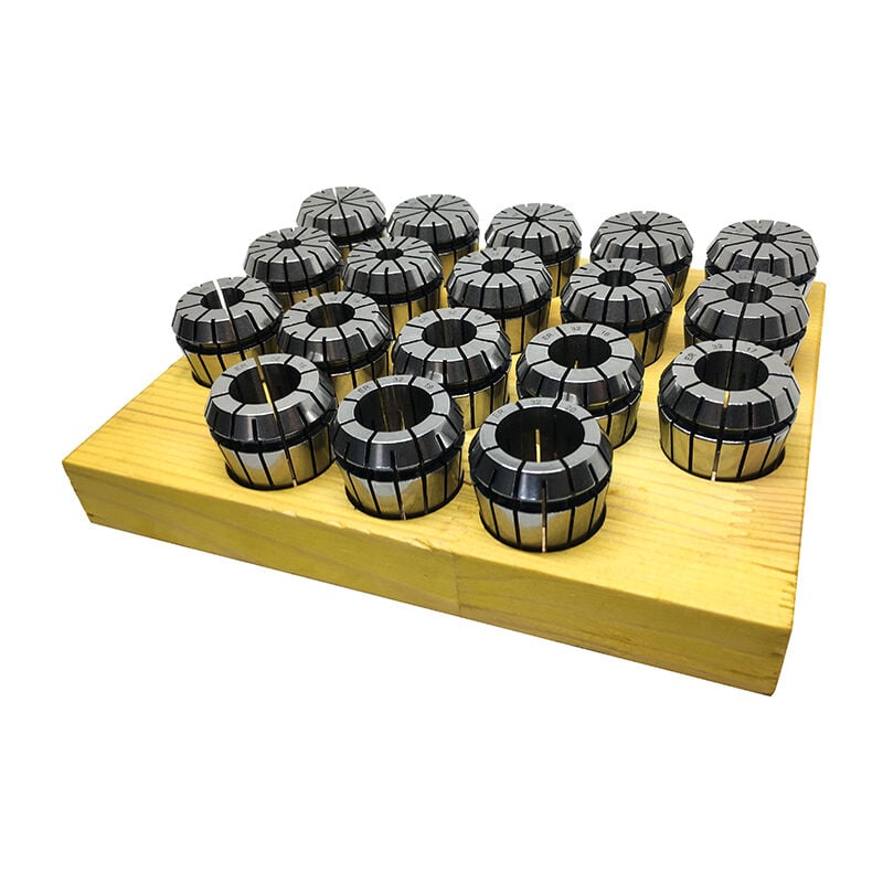 foto del prodotto serie di 18 pinze er 32 per frese da 3 a 20 mm su zoccolo di legno prt tools