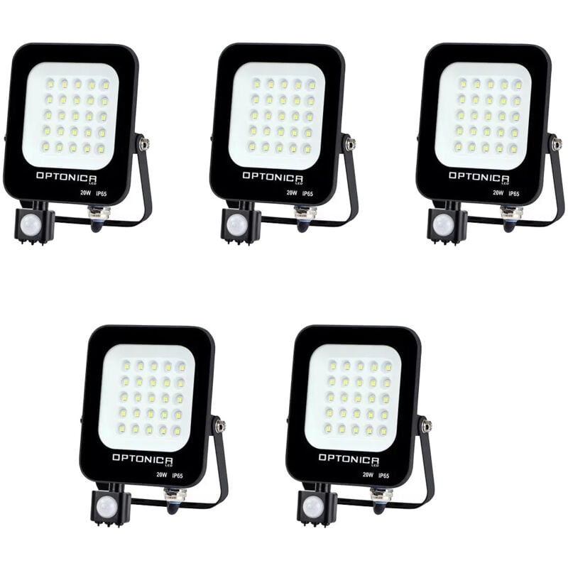 foto del prodotto serie di 5 proiettori led black 20w 100w con rilevatore ip65 1800lm bianco di giorno 6000k