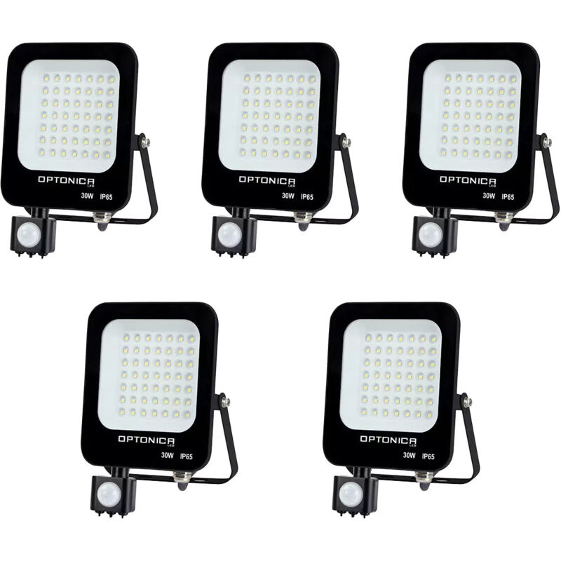 foto del prodotto serie di 5 proiettori led neri 30w 150w con rilevatore ip65 2700lm bianco hot 2700k