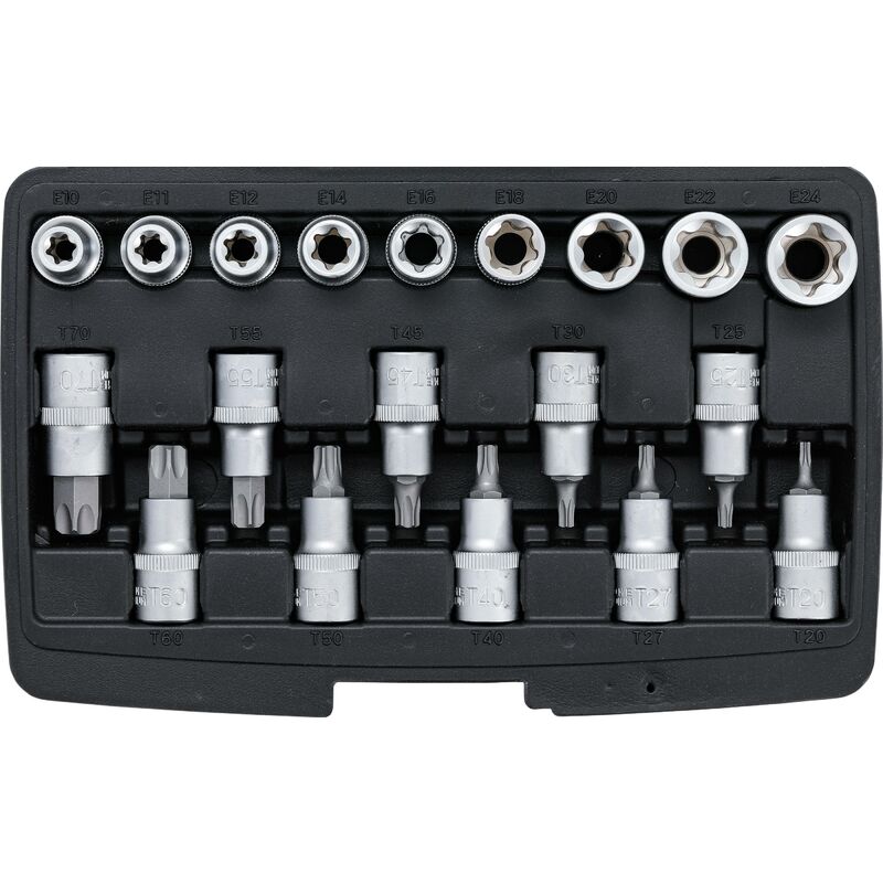 foto del prodotto serie di bussole femmina con inserti attacco quadro 12,5 mm 1 2 torx torx femmina 19 pz.