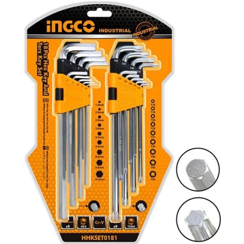 foto del prodotto serie di chiavi esagonali e torx ingco 18 pz hhkset0181