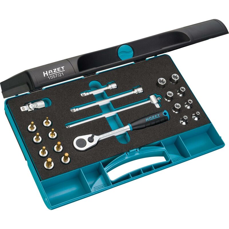 foto del prodotto serie di utensili 1557 21 attacco quadro, cavo, 3 8 di pollice 10 mm profilo esterno torx , profilo interno torx 21 pezzi e5 e14 t15 
