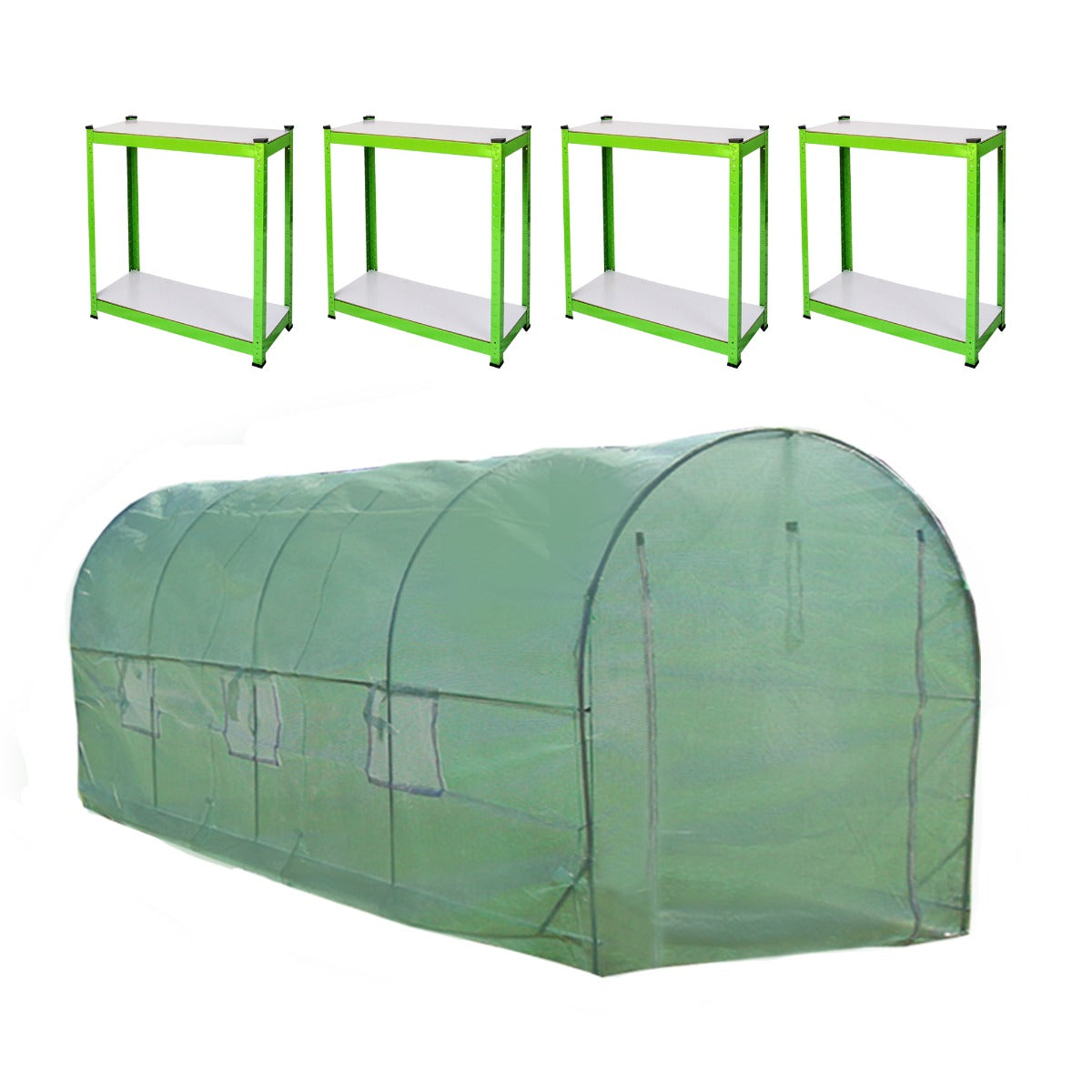 foto del prodotto serra da giardino a tunnel da esterno in polietilene resistente alla corrosione e raggi uv telaio in ferro galvanizzato per piante giardinaggio 25mm 6m x 3m amp scaffali