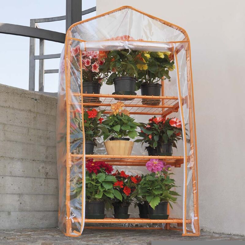 foto del prodotto serra da giardino in alluminio 3 ripiani con telo rama azalea arancione
