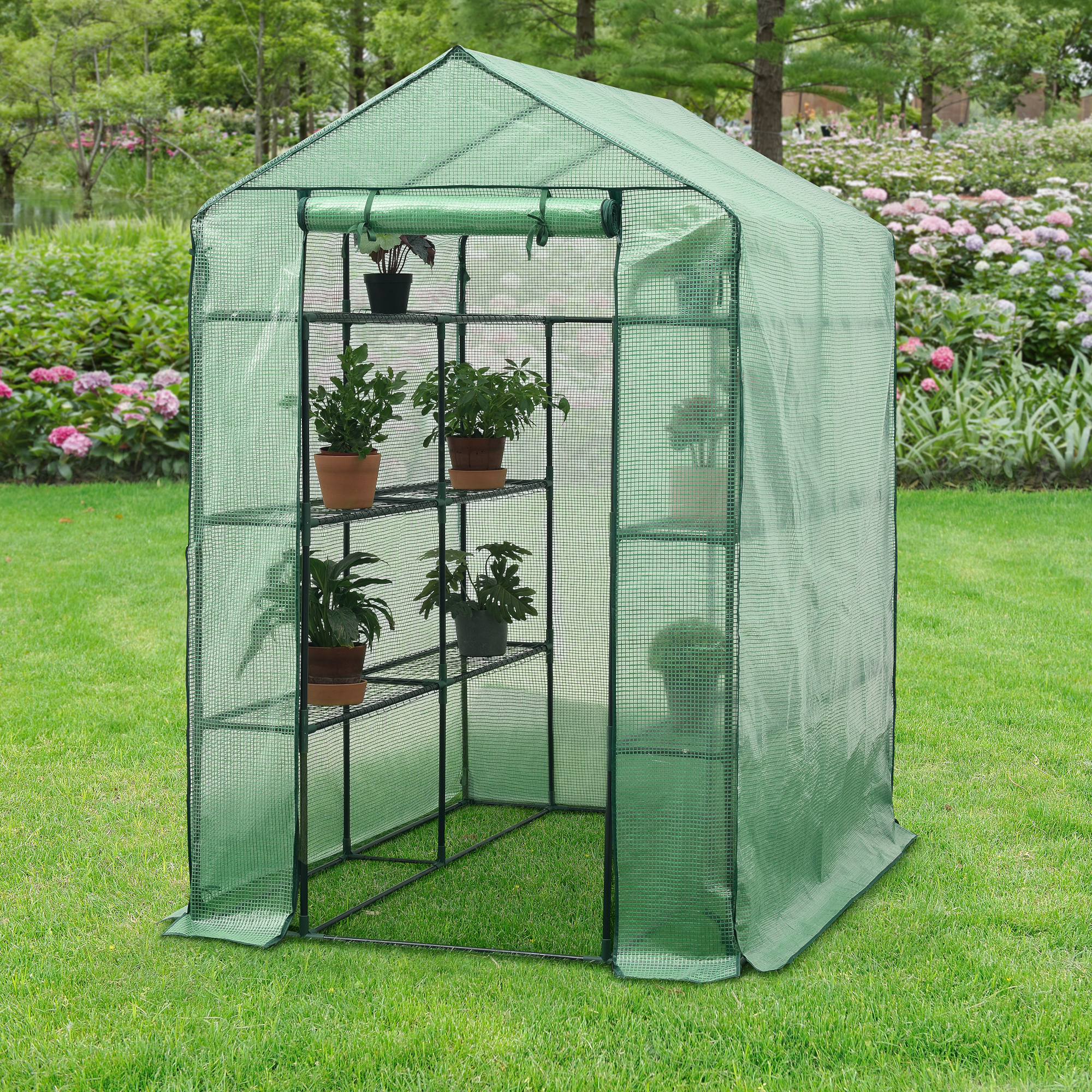 foto del prodotto serra da giardino vale con 6 ripiani lxpxa 120 x 170 x 194 cm forma di casetta verde reticolato en.casa 