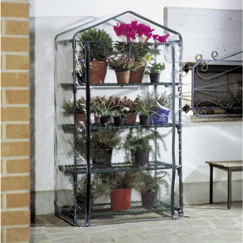 foto del prodotto serra da terrazza balcone da 3 o 4 ripiani con struttura in acciaio e copertura in pvc 65 gr brixo 3 ripiani l69xp49h125 cm