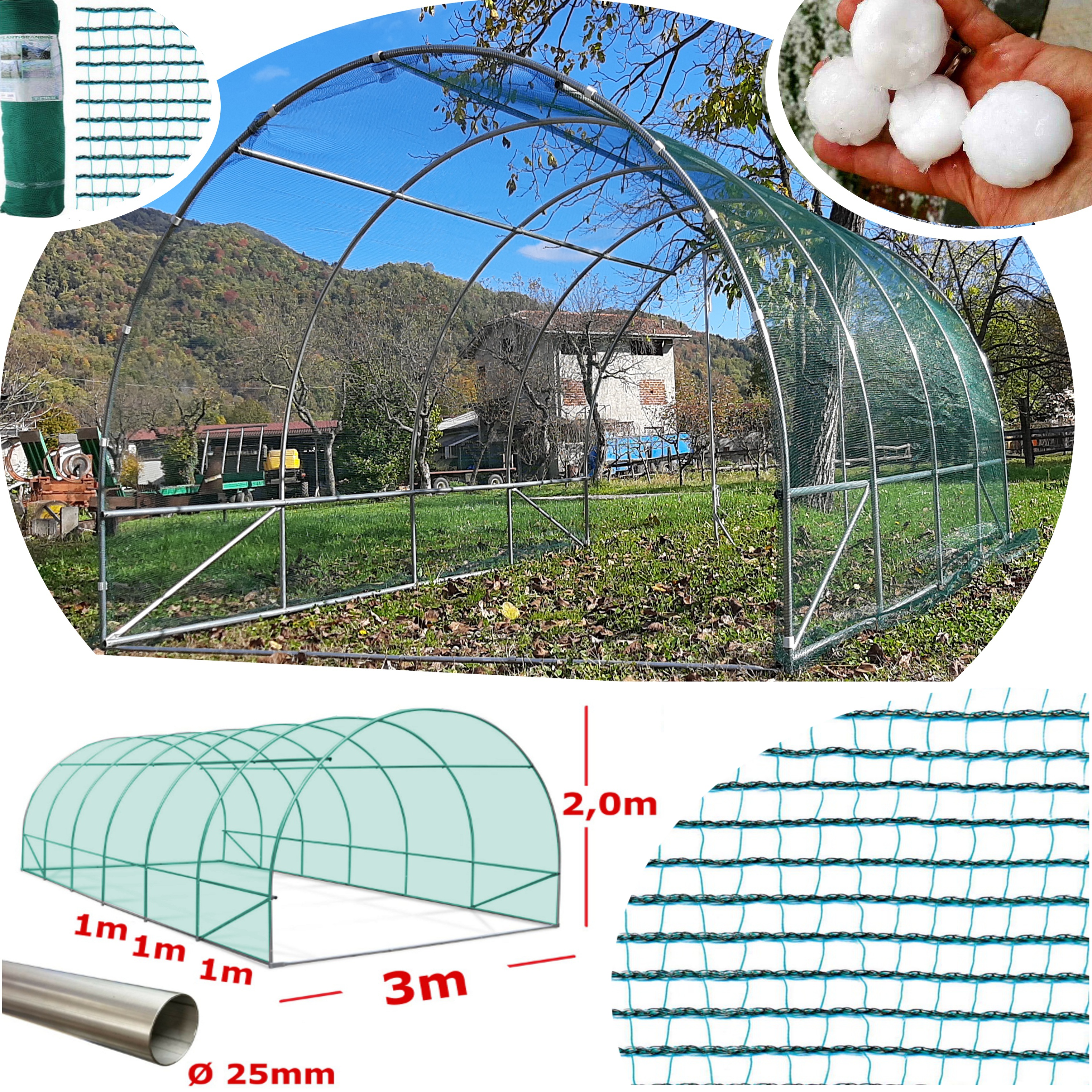 foto del prodotto serra tunnel netplus 3x12m con rete antigrandine