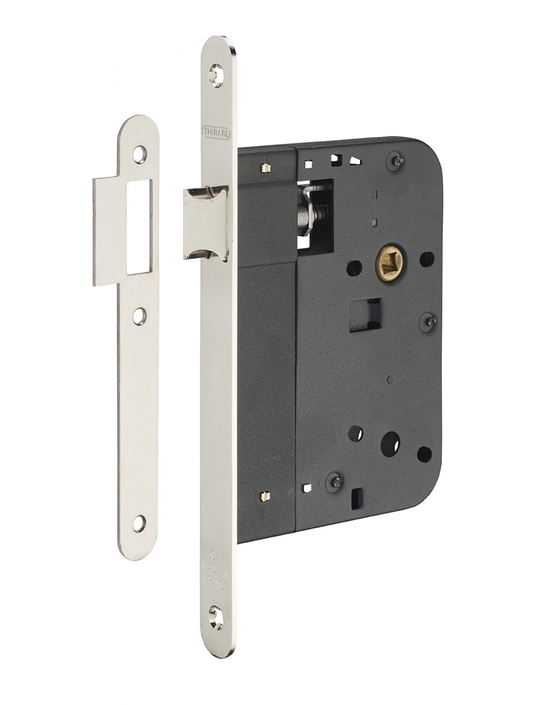 foto del prodotto serratura da incasso per porta interna, asse 80mm, piastra tonda, nichelato thirard