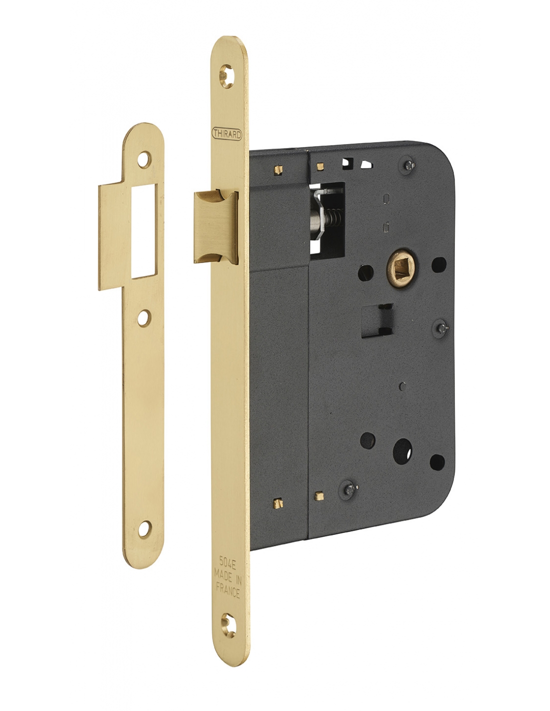 foto del prodotto serratura da incasso per porta interna, asse 80mm, piastra tonda, ottone lucido verniciato thirard